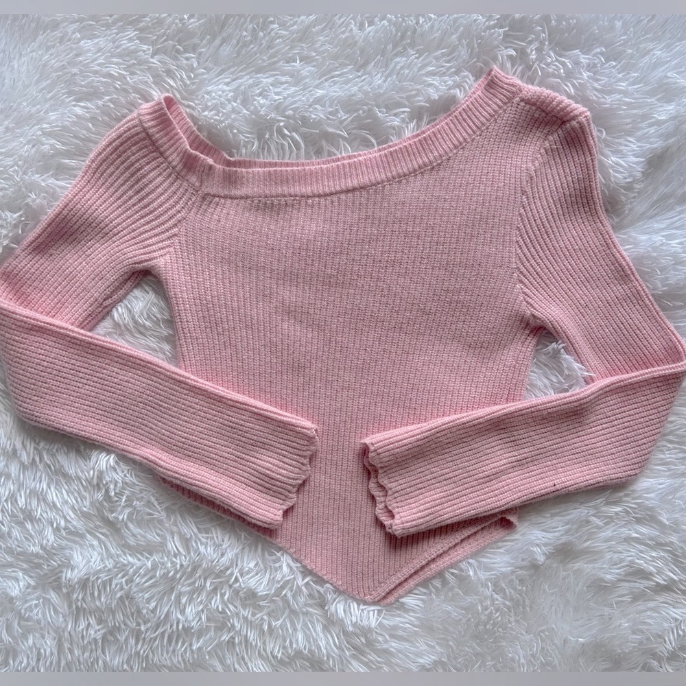Pink Ribbed Off-Shoulder Sweater - Picture 7 of 7
